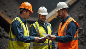 Three mine workers holding paperwork at a mine site, illustrating MSHA Part 46 requirements for short-term and contract workers