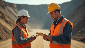 mining inspectors discussing mining violation and enhancing safety protocols