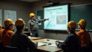 Miners in PPE in a meeting, reviewing a presentation, illustrating steps to get MSHA Part 46 certification online.