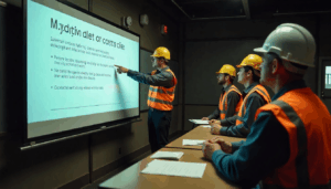 Mine workers in a classroom watching a presentation
