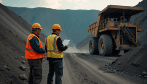 Two workers in PPE next to heavy machinery, holding a clipboard, illustrating considerations for online MSHA Part 46 training