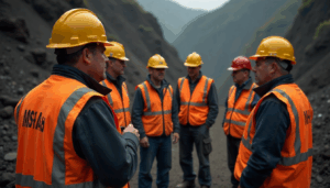 Six mine workers in PPE at a surface mine, illustrating internal review best practices for a Part 46 training program audit.