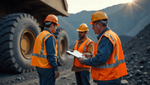 Mine workers in PPE reviewing a safety checklist beside heavy machinery during annual Part 46 refresher training.