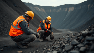 Two PPE-clad workers crouching at a surface mine, highlighting efficient MSHA Part 46 onboarding for seasonal crews.