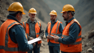 Four workers in PPE at a surface mine, illustrating the importance of annual MSHA Part 46 refresher training.