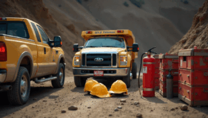 Surface mine trucks and PPE setup illustrating site-specific Part 46 training plan requirements.