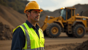 Mine supervisor in PPE overseeing safety and training at a surface mine for MSHA Part 46 compliance