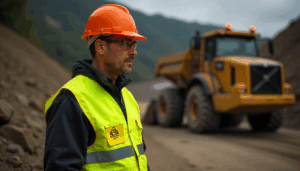 Miner wearing PPE at a surface mining site for Part 46 safety training.