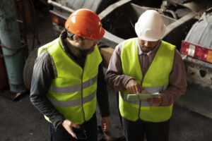 High-angle view of miners wearing PPE, illustrating preparation for an MSHA Part 46 compliance inspection and training audit.