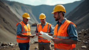 Three PPE-clad workers with clipboards on a mine site, highlighting compliance concerns around Part 46 training requirements.