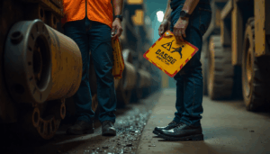 Two workers at a surface mine following safety practices