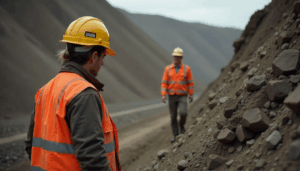Two mine workers in PPE conducting safety checks at a surface mine ahead of an MSHA Part 46 inspection