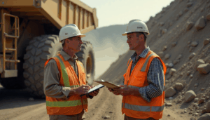 Two miners in PPE reviewing clipboards at a surface mine after receiving a Part 46 citation