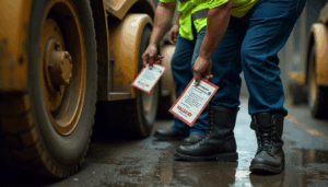 Mine workers in PPE reviewing safety documents to navigate conflicting MSHA and state regulations
