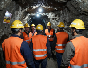 Mine workers wearing PPE in an underground mine during MSHA Part 46 and Part 48 safety training