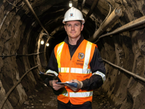 A mine worker wearing PPE in an underground mine using technology to support miner safety and automation