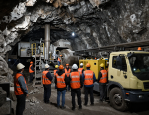 Mine workers wearing PPE in an underground mine supporting safety management across multiple mining sites