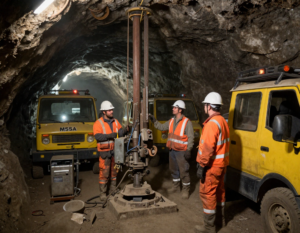 Mine workers wearing PPE in an underground mine near heavy machinery while performing high-risk mining tasks
